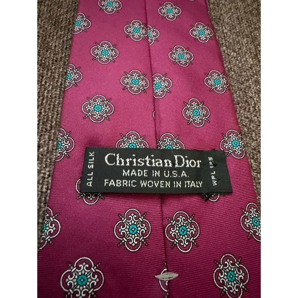 Christian Dior Red Geo Silk Necktie Vintage Made in USA Fabric Woven in Italy